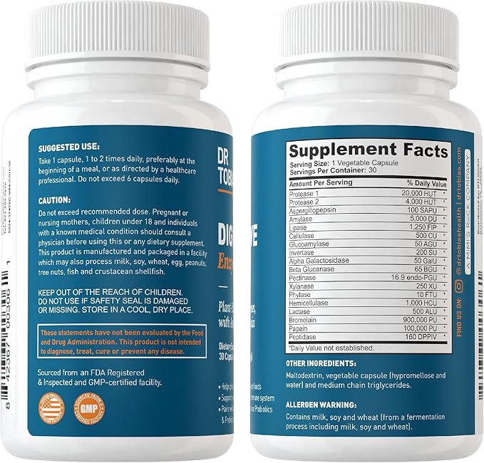 Dr. Tobias Digestive Enzymes with Amylase, Bromelain, Lipase, Lactase, Protease, Papain & More, Digestion Supplement with 18 Enzymes for Digestion and Gut Health, 30 Capsules, 15 Servings