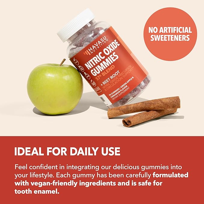 Nitric Oxide Gummies for Men and Women - Nitric Oxide Supplement with L-Arginine and Beet Root - Green Apple and Cinnamon Flavor - 90 Vegan, Gluten-Free and Non-GMO Nitric Oxide Gummies