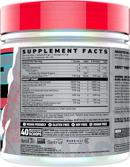 GHOST Pump Nitric Oxide Powder, Pink Lemonade - 40 Servings - Sugar-Free & Stim-Free Pre-Workout Supplements - L-Citrulline, Arginine Nitrate & L-Glutathione - Soy & Gluten-Free, Vegan