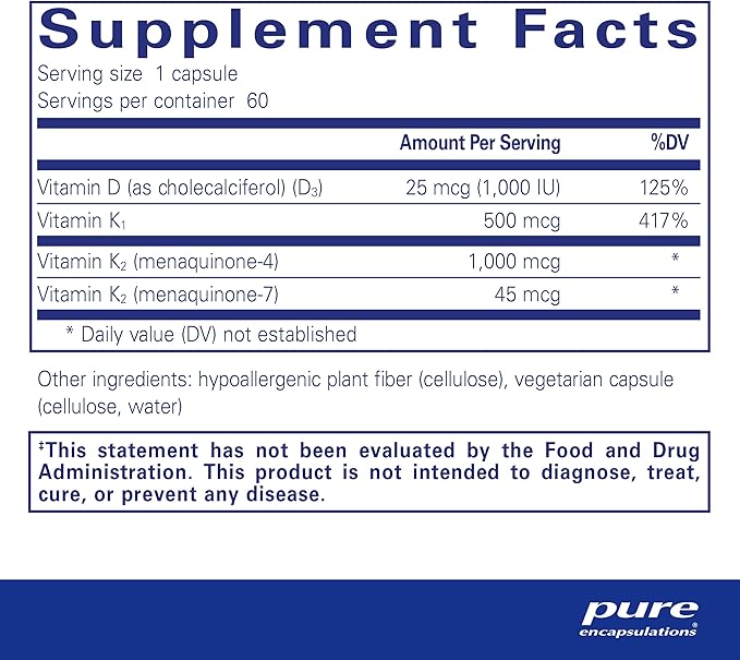 Pure Encapsulations Synergy K - with Vitamin K1, K2 & D3 - Supports Bones, Blood Vessels, Vascular Elasticity & Calcium Utilization* - Includes Cholecalciferol - Gluten Free & Non-GMO - 60 Capsules