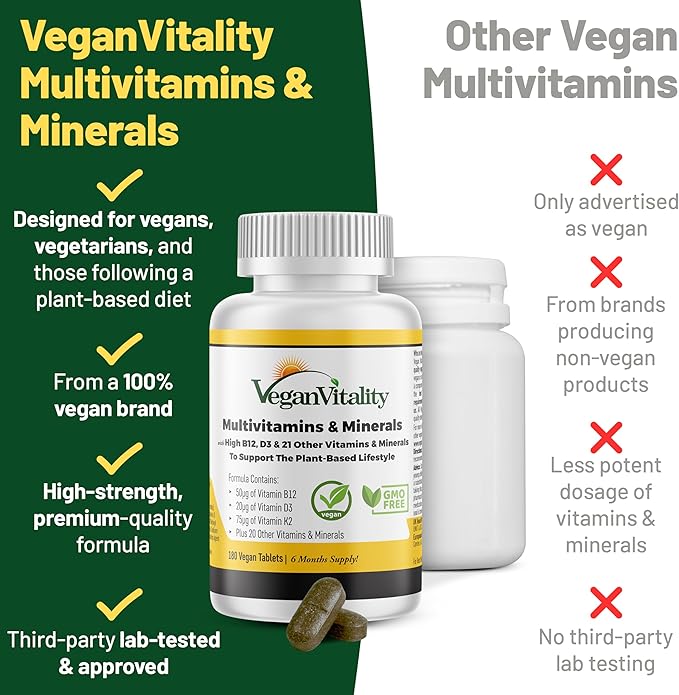 Vegan Multivitamins & Minerals for Women and Men with High Strength Vitamin B12, D3 & K2. 180 Multivitamin Tablets - 6 Months Supply. Vitamins for Vegans & Vegetarians