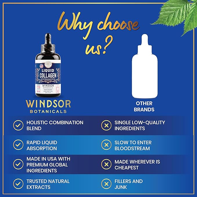 Liquid Collagen for Women with Ashwagandha, Elderberry, L-Theanine - High Absorption 100,000 mcg Hydrolyzed Collagen Peptides Liquid - Collagen Drops Hair, Skin, Nails and Nails Support – 60 Servings