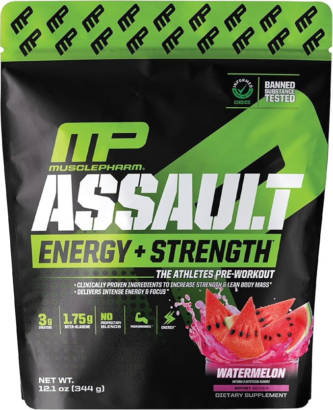 Muscle Pharm Assault Energy & Strength Pre Workout Powder for Men & Women with Beta Alanine, Caffeine, Creatine & Betaine Anhydrous, Pre-Workout Supplements, 30 Servings, Watermelon Flavor