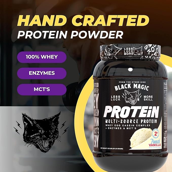 Worldwide Nutrition Black Magic Multi-Source Protein Powder - Whey, Egg Albumin Enzymes, Micellar Casein & MCTs - Muscle Mass Gaining - French Vanilla Flavor - 2 LB with Bonus Multi Purpose Key Chain