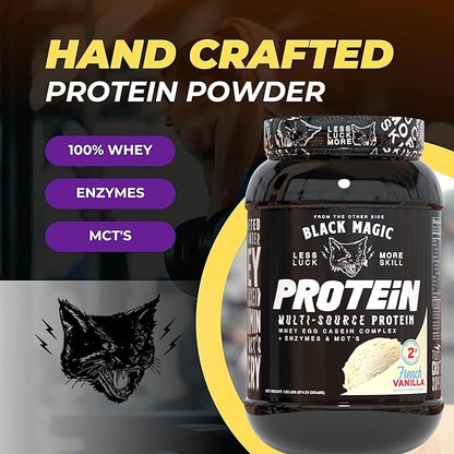 Worldwide Nutrition Black Magic Multi-Source Protein Powder - Whey, Egg Albumin Enzymes, Micellar Casein & MCTs - Muscle Mass Gaining - French Vanilla Flavor - 2 LB with Bonus Multi Purpose Key Chain