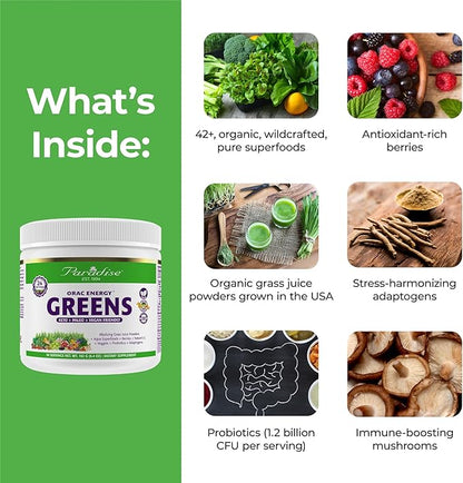 Paradise, ORAC Energy Greens Powder Extract, Super Antioxidants, Probiotics for Gut Health & Digestion, Vitamin C for Immunity, with Spirulina & Chlorella, Non-GMO, Gluten Free, 30 Servings