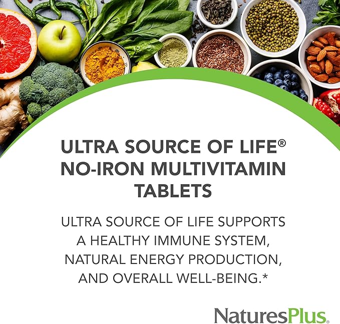 Natures Plus Ultra Source of Life No-Iron Multivitamin - 180 Tablets - Supports Immune Health, Energy & Overall Well-Being - with Lutein & Vitamin D3 - Vegetarian & Gluten Free - 60 Servings