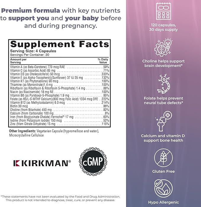 Kirkman P2i Prenatal Vitamins for Women, Multivitamin with Choline, 120 Capsules, Vital Daily Nutritional Support for Healthy Mother & Baby, OBGYN Formulated & Endorsed, Hypoallergenic & Gluten-Free