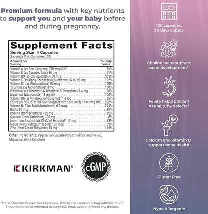 Kirkman P2i Prenatal Vitamins for Women, Multivitamin with Choline, 120 Capsules, Vital Daily Nutritional Support for Healthy Mother & Baby, OBGYN Formulated & Endorsed, Hypoallergenic & Gluten-Free