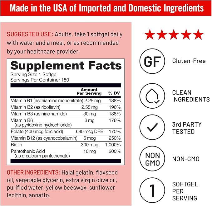 NatureWise Vitamin B Complex for Women and Men - with Folic Acid Biotin B1 B2 B3 B6 B12 - Support Cellular Energy & Mental Clarity - Gluten & Dairy Free, Non-GMO - 150 Softgels[5-Month Supply]