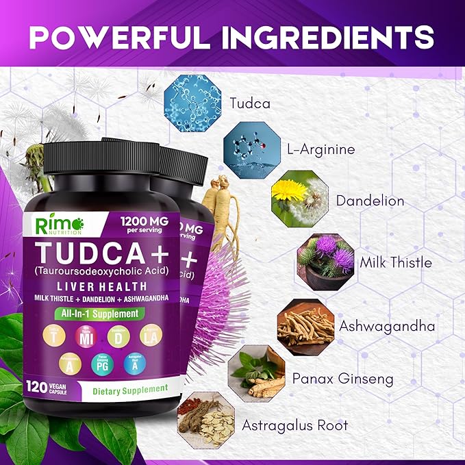 Tudca Supplement, with Milk Thistle, Dandelion. L Arginine, Ashwagandha, Panax Ginseng Root, Astragalus Root 1200 mg Per Serving 120 Capsules