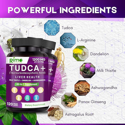 Tudca Supplement, with Milk Thistle, Dandelion. L Arginine, Ashwagandha, Panax Ginseng Root, Astragalus Root 1200 mg Per Serving 120 Capsules