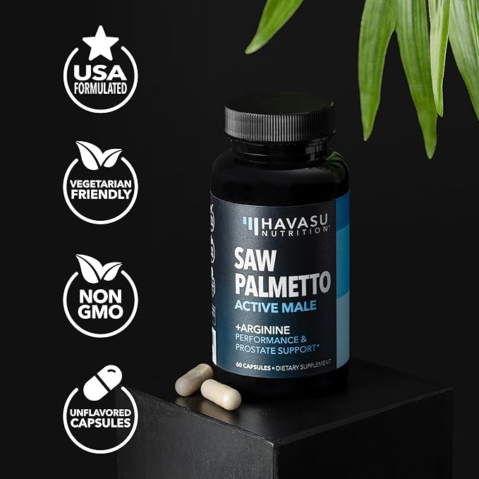 Saw Palmetto for Men with L Arginine Supplement - Hair Health & Male Health Support - L-Arginine Saw Palmetto Supplement with S7 Plant-Based Ingredients - Performance & Endurance - 60 Male Pills