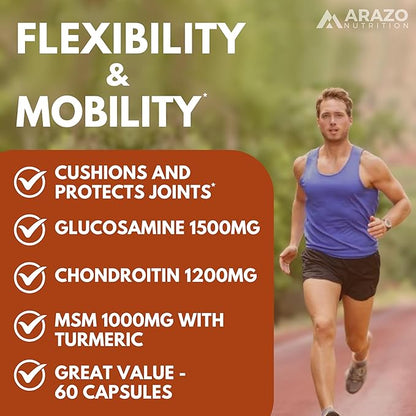 Arazo Nutrition Glucosamine Chondroitin Turmeric Msm Boswellia - Joint Support Supplement for Relief 60 Capsules for Bones, Back, Knees, Hands (60 Capsules)