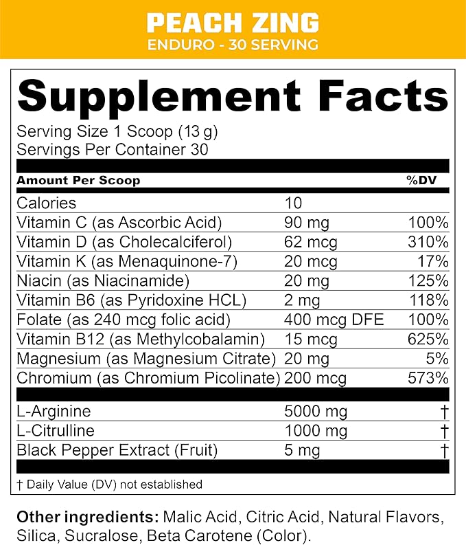 MTN OPS Enduro Nitric Oxide Supplement & Stim-Free Pre Workout - 30 Servings - with Magnesium Citrate, Beet Root Powder, Niacinamide, L Arginine & L Citrulline - Peach Zing Flavor