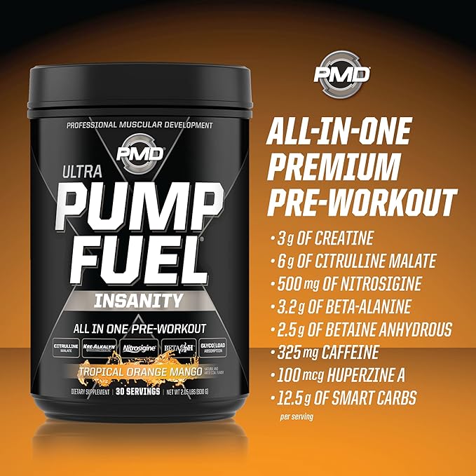 PMD Sports Ultra Pump Fuel Insanity - Pre Workout Drink Mix for Energy, Strength, Endurance, Recovery - Complex Carbohydrates and Amino Energy - Tropical Orange Mango (30 Servings)