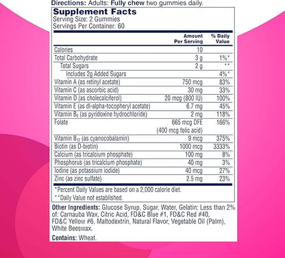 ONE A DAY Multi+ Hair, Skin & Nails, Multivitamin + Boost of Support for Healthy Hair, Skin & Nails with Biotin and Vitamins A, C, E & Zinc ,Gummy 120 Count (2 Month Supply)