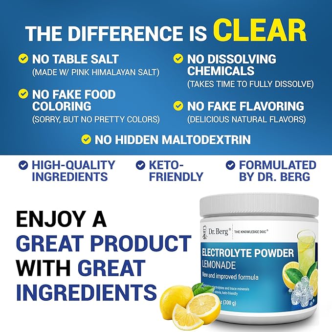 Dr. Berg Zero Sugar Hydration Keto Electrolyte Powder - Enhanced w/ 1000 mg of Potassium & Real Pink Himalayan Salt (NOT Table Salt) - Lemonade Flavor Hydration Drink Mix Supplement - 50 Servings