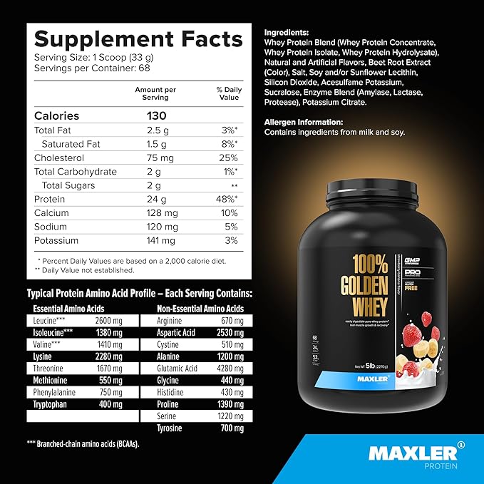 Maxler 100% Golden Whey Protein - 24g of Protein per Serving - Premium Whey Protein Powder for Pre Post Workout - Fast-Absorbing Whey Concentrate, Isolate & Hydrolysate Blend - Strawberry Banana 5 lbs