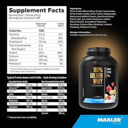 Maxler 100% Golden Whey Protein - 24g of Protein per Serving - Premium Whey Protein Powder for Pre Post Workout - Fast-Absorbing Whey Concentrate, Isolate & Hydrolysate Blend - Strawberry Banana 5 lbs