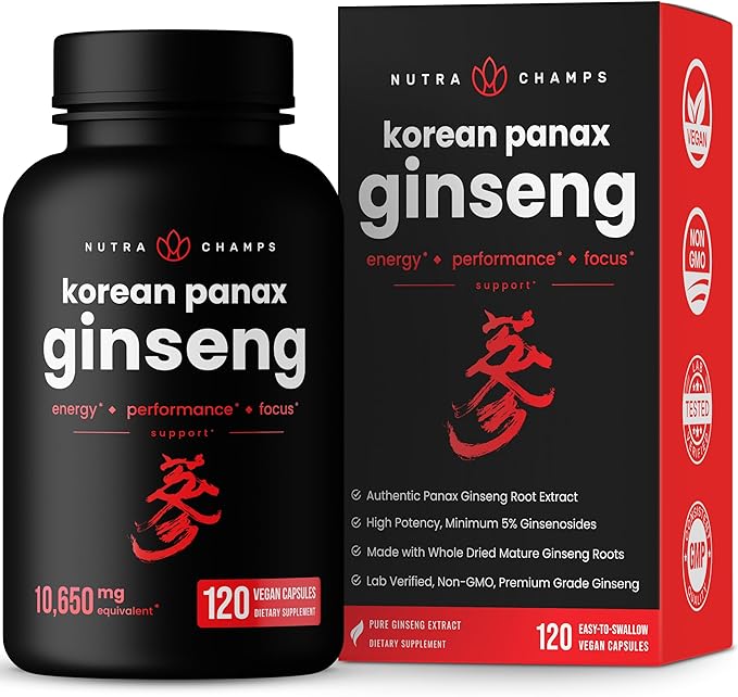 NutraChamps Korean Red Panax Ginseng Capsules | Extra Strength Ginsenosides for Energy, Focus, Performance, Vitality & Immune Support | Korean Red Ginseng Root Extract Powder Supplement | Vegan Pills