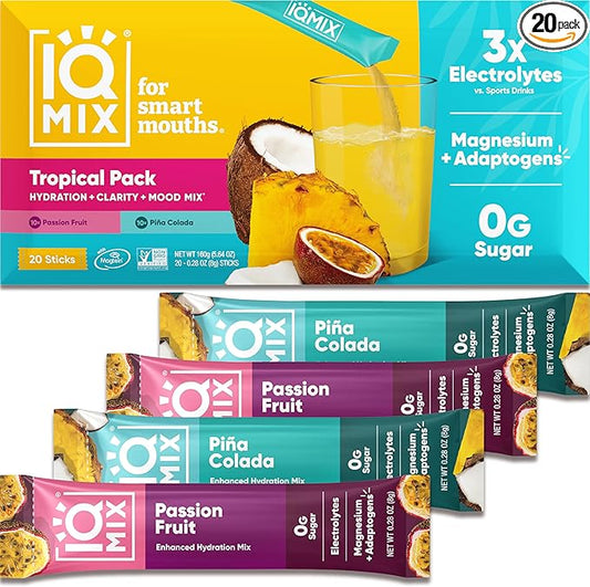 IQMIX Sugar Free Electrolytes Powder Packets - Hydration Supplement Drink Mix with Keto Electrolytes, Lions Mane, Magnesium L-Threonate, and Potassium Citrate - New Tropical Variety Pack (20 Count)