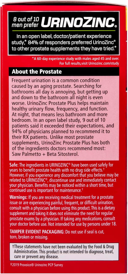 Urinozinc Prostate Plus, Saw Palmetto & Beta Sitosterol Supplement for Men, Reduce Frequent Urination (2 Month Supply, 120 Count)