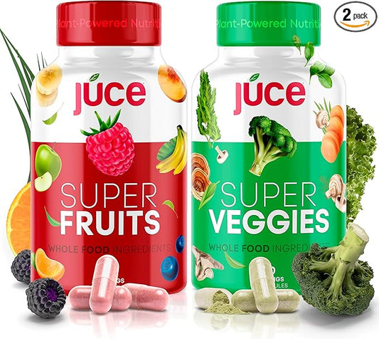 Júce Super Fruits & Super Veggies Capsules - Gluten/Gelatin Free, Non GMO, Soy Free & Vegan - Reds & Greens Superfood Capsules - 23 Fruits & 23 Vegetables - 180 Count