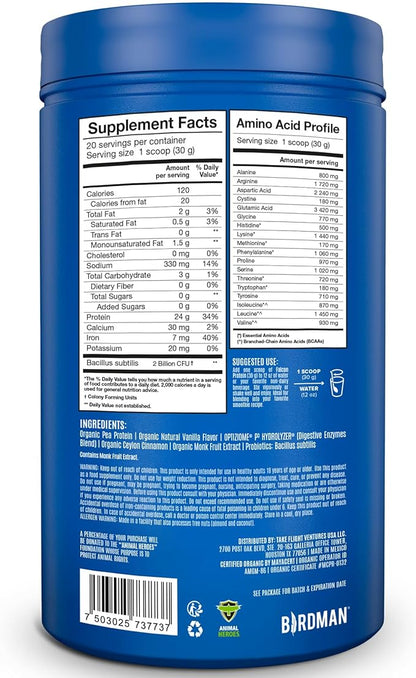 BIRDMAN Falcon Organic Vegan Protein Powder Vanilla, 24g Protein, Sugar Free, Probiotics, Low Carb, Keto Friendly, Dairy Free, Lactose Free, Non Whey, Plant Based Pea Protein Powder - 20 Servings
