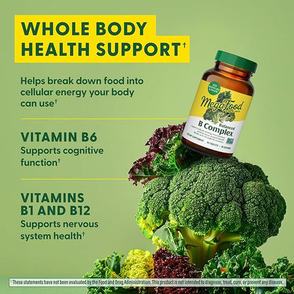 MegaFood Balanced B Complex - B Complex Vitamin Supplement - 8 B Vitamins Including Vitamin B6, Vitamin B12, Folate, Biotin & More - Supports Cellular Energy Production - Vegan, Gluten Free - 60 Tabs