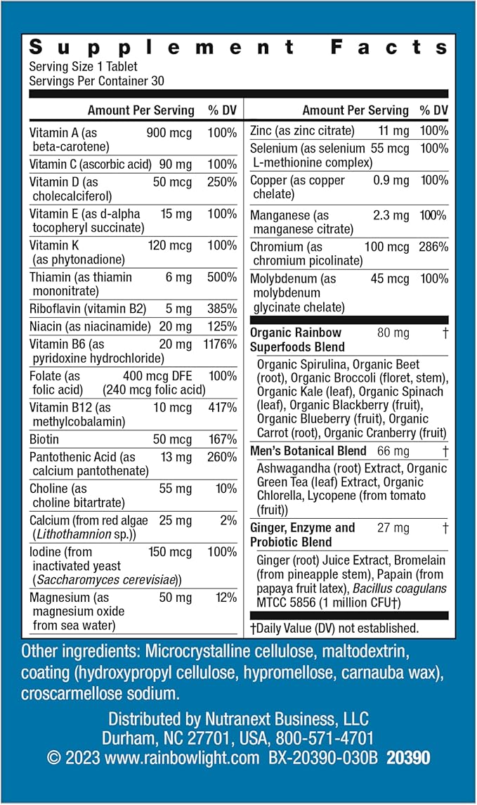 Rainbow Light Multivitamin for Men, Vitamin C, D & Zinc, Probiotics, Men's One Multivitamin Provides High Potency Immune Support, Non-GMO, Vegetarian, 30 Tablets