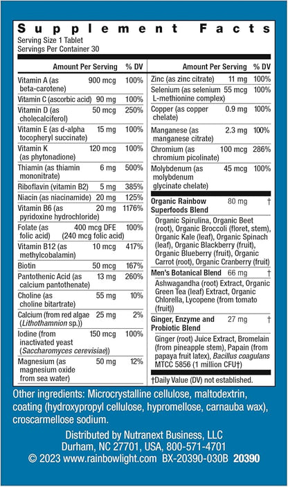 Rainbow Light Multivitamin for Men, Vitamin C, D & Zinc, Probiotics, Men's One Multivitamin Provides High Potency Immune Support, Non-GMO, Vegetarian, 30 Tablets