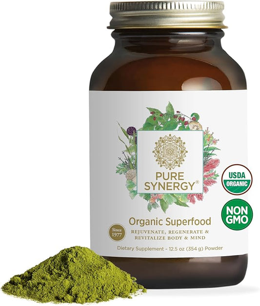 PURE SYNERGY Organic Superfood Powder | Organic Green Superfood Powder | Whole Food Supplement with Organic Greens, Spirulina and Mushrooms | For Energy, Healthy Aging, and Immune Health (12.5 ounces)