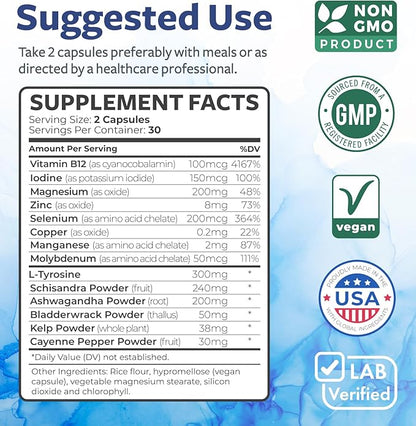 Thyroid Support with Iodine (Non-GMO) Improve Your Energy & Mood - Metabolism Booster for Weight Loss - Thyroid Health Supplement for Women and for Men - Ashwagandha, Zinc, B12 Complex - 60 Capsules
