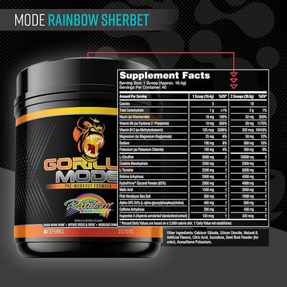 Gorilla Mode Pre Workout - Massive Pumps · Laser Focus · Energy · Power - L-Citrulline, Creatine, L-Tyrosine, Betaine, Hydroprime®, Alpha-GPC, 400mg Caffeine, Huperzine A - 776g (Rainbow Sherbet)