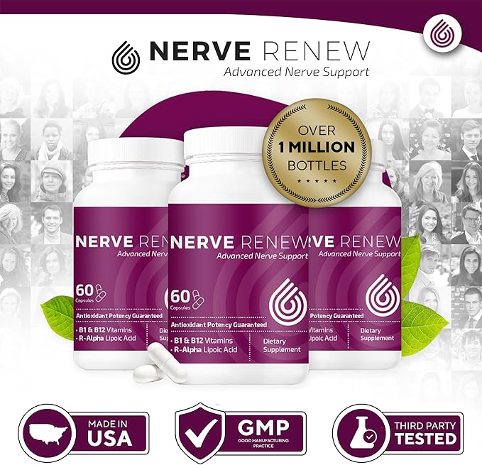 NERVE RENEW Advanced Nerve Support - 300mg Stabilized R-Alpha Lipoic Acid, Vitamin B Complex, Benfotiamine, Herbs for Fast-Acting Support - 60 ct