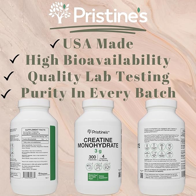 PRISTINE'S Creatine Monohydrate Capsules for Women & Men - No Bloat 75 Day Supply 3G Muscle Growth Support Supplement - Cognitive & Athletic Performance Support - Enhanced Recovery