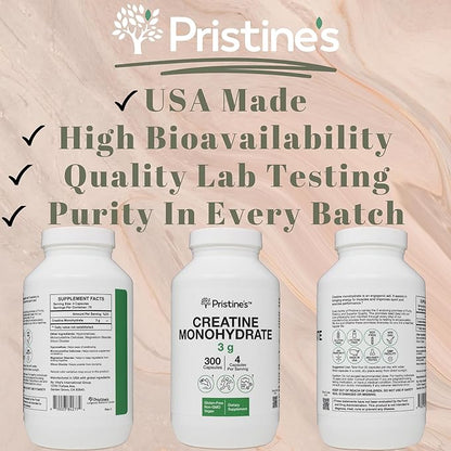 PRISTINE'S Creatine Monohydrate Capsules for Women & Men - No Bloat 75 Day Supply 3G Muscle Growth Support Supplement - Cognitive & Athletic Performance Support - Enhanced Recovery