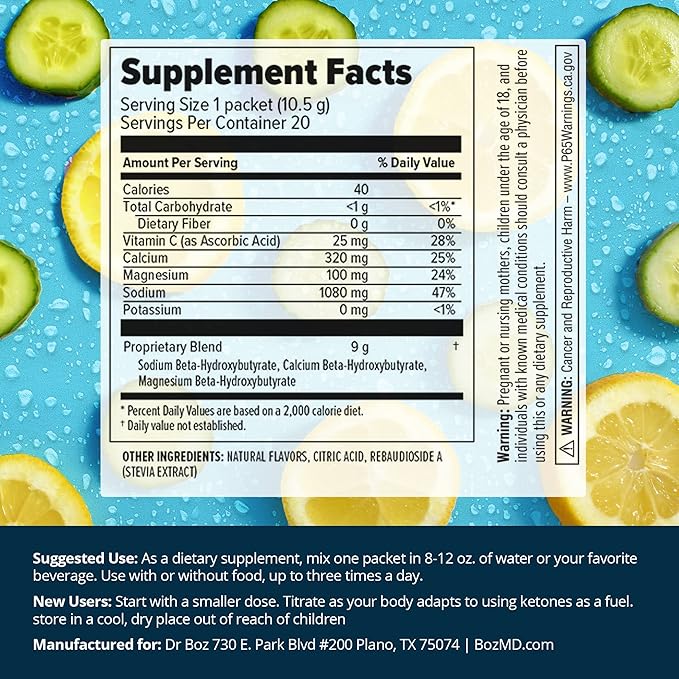 Dr. Boz - Keto BHB Powder - Cucumber Lemon, 20 Packets - Ketones Drink - Increase Energy & Reduce Cravings - Max Strength Dietary Supplement - Quality Tested - Made in The USA - 10.9oz (310g)