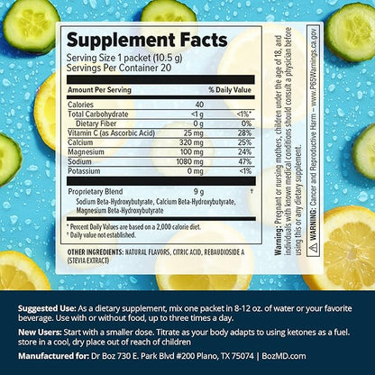 Dr. Boz - Keto BHB Powder - Cucumber Lemon, 20 Packets - Ketones Drink - Increase Energy & Reduce Cravings - Max Strength Dietary Supplement - Quality Tested - Made in The USA - 10.9oz (310g)