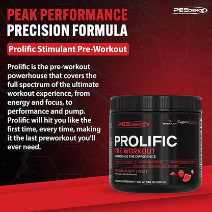 PEScience Prolific Pre Workout, Melon Berry Twist, 40 Scoops, Energy Supplement with Nitric Oxide