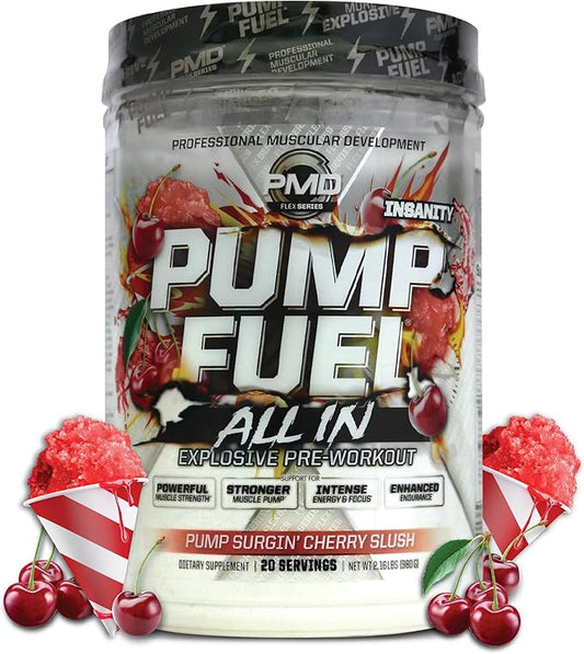 PMD Sports Pump Fuel All in Insanity - Ultimate Muscle Pump Supplement & Pre Workout Powder - Maximum Energy and Focus with Premium Creatine, Beta Alanine & More -Surgin’ Cherry Slush (20 Servings)