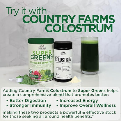 COUNTRY FARMS Organic Super Greens Natural Flavor, 50 Organic Super Foods, Packed with Fiber, USDA Organic Drink Mix, Fruits, Vegetables, Mushrooms & Probiotics, Supports Energy, 6g Fiber