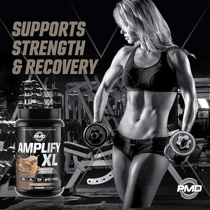PMD Sports Amplify XL Premium Whey Protein Supplement Hydro Greens Blend - Glutamine and Whey Protein Matrix with Superfood for Muscle, Strength and Recovery - Toffee Macchiato (24 Servings)