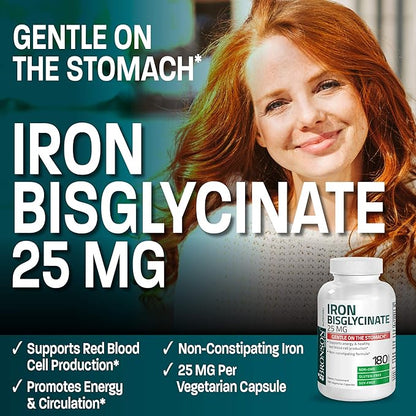 Bronson Iron Bisglycinate 25 mg Gentle on The Stomach, Supports Energy & Healthy Red Blood Cell Production - Non-Constipating Formula - Non GMO, 180 Vegetarian Capsules