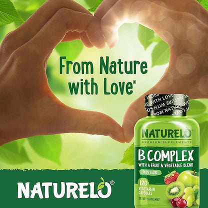 NATURELO Vitamin B Complex with Methyl B12, Methyl Folate, Vitamin B6, Biotin Plus Choline, CoQ10, and Fruit & Vegetable Blend - Supports Energy & Healthy Stress Response - Vegan - 120 Capsules