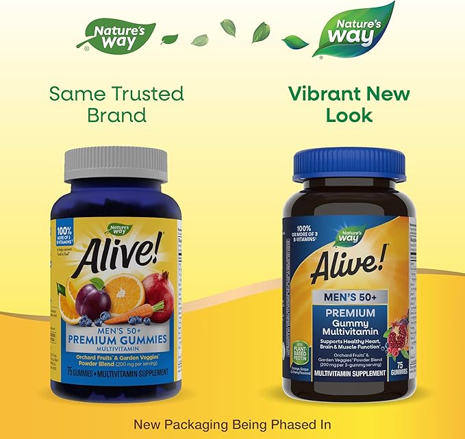 Nature’s Way Alive! Men’s 50+ Premium Gummy Multivitamin, Supports Healthy Heart, Brain & Muscle Function*, B-Vitamins, Vegetarian, Grape, Orange and Cherry Flavored, 75 Gummies (Packaging May Vary)