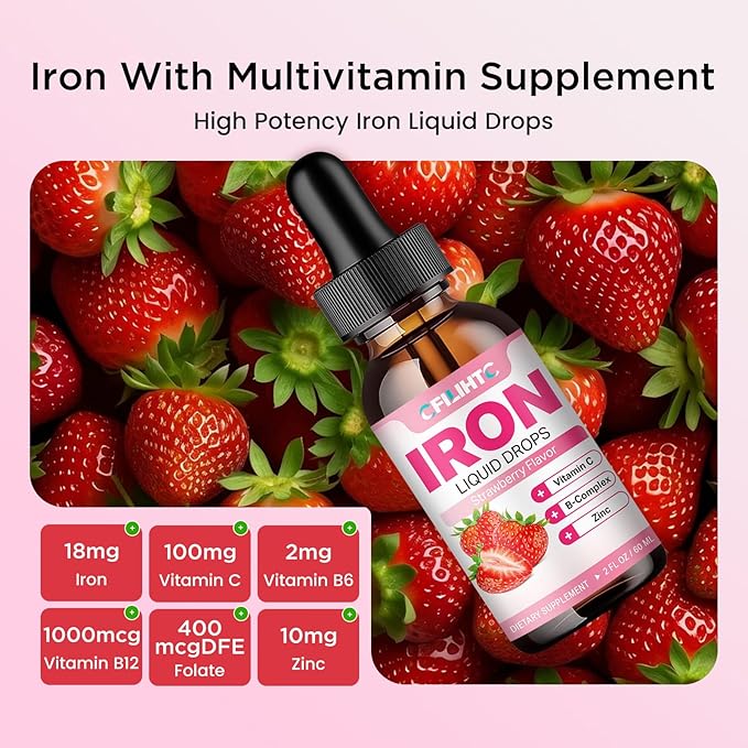 Liquid Iron Supplement for Women Men & Kids Multivitamin Iron Drops with Folate, Vitamin C, B6, B12, Zinc for Anemia, Iron Deficiency, Blood Builder, Energy - Natural Strawberry Flavor, Vegan 4 Fl Oz