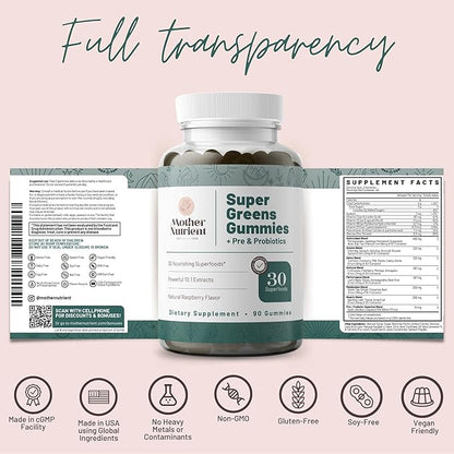 Mother Nutrient Super Greens Gummies for Women, Adults - with Prebiotics & Probiotics, Not 8, but 30 Powerful Greens Superfoods - Multivitamin Veggie Chewables (90 Gummies)