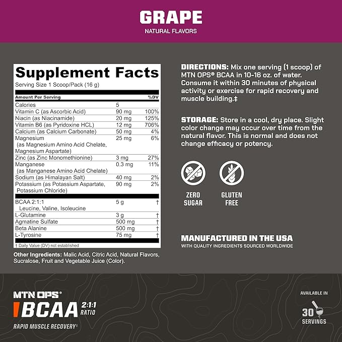 MTN OPS BCAA 2:1:1 Amino Acids Supplement Powder for Rapid Muscle Recovery & Repair with Zero Sugar & Gluten Free (30-Serving Tub, Grape)